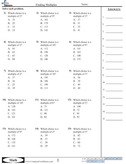 4.oa.4 Worksheets - Finding Multiples worksheet